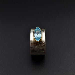 This document provides a crafted description for a handmade ring named 'Azure Elegance.' The ring features a subtly wide silver band with a matte finish and showcases a marquise-cut aquamarine at the top, embraced by a 14-karat yellow gold bezel. The description highlights the handcrafted nature, unique design, and key materials used, emphasizing its timeless beauty and modern allure. Additionally, the document includes suggested names and tags for the ring to enhance its discoverability on an eshop page.