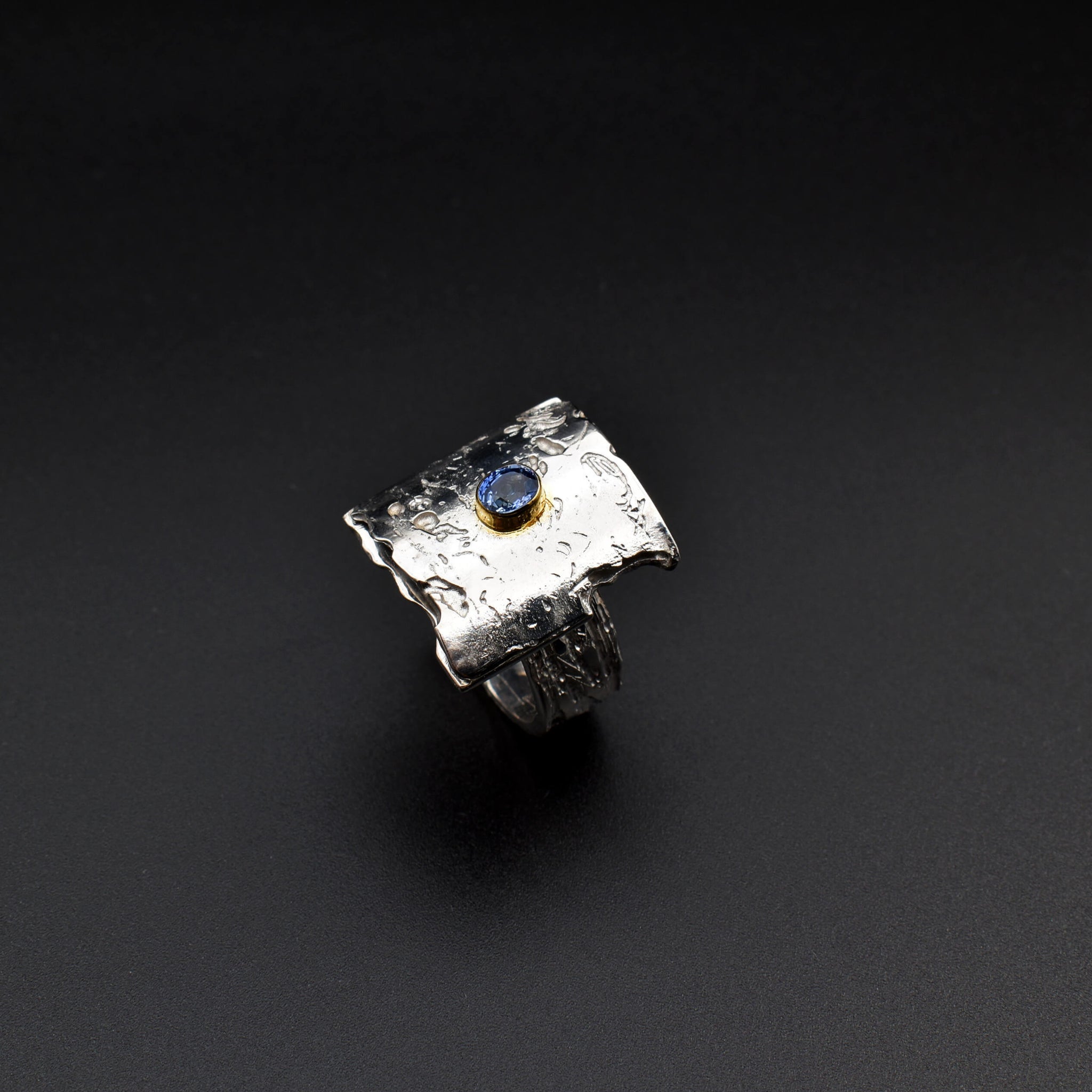 Handcrafted Sapphire Ring - Distinctive Etched Texture.