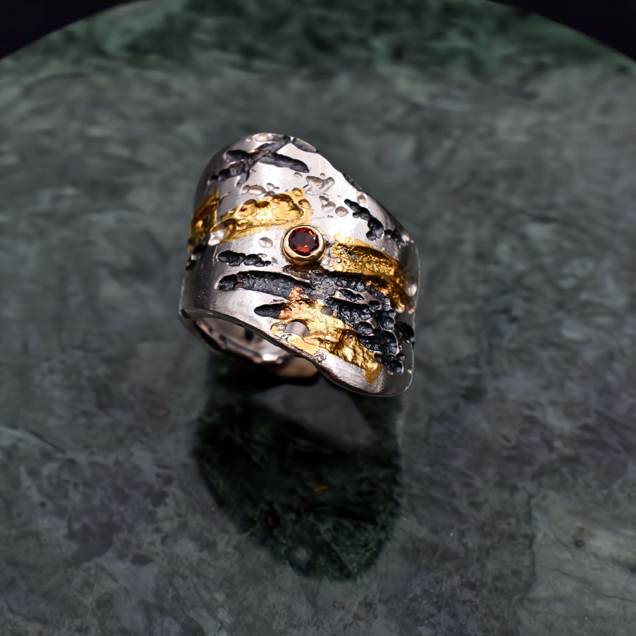 Unearthed Beauty: Sterling Silver Ring with Garnet & 24k Gold