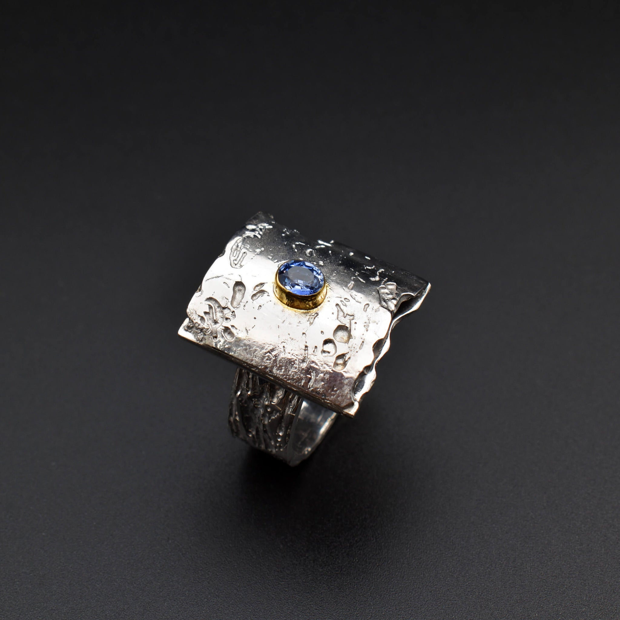 Handcrafted Sapphire Ring - Distinctive Etched Texture.