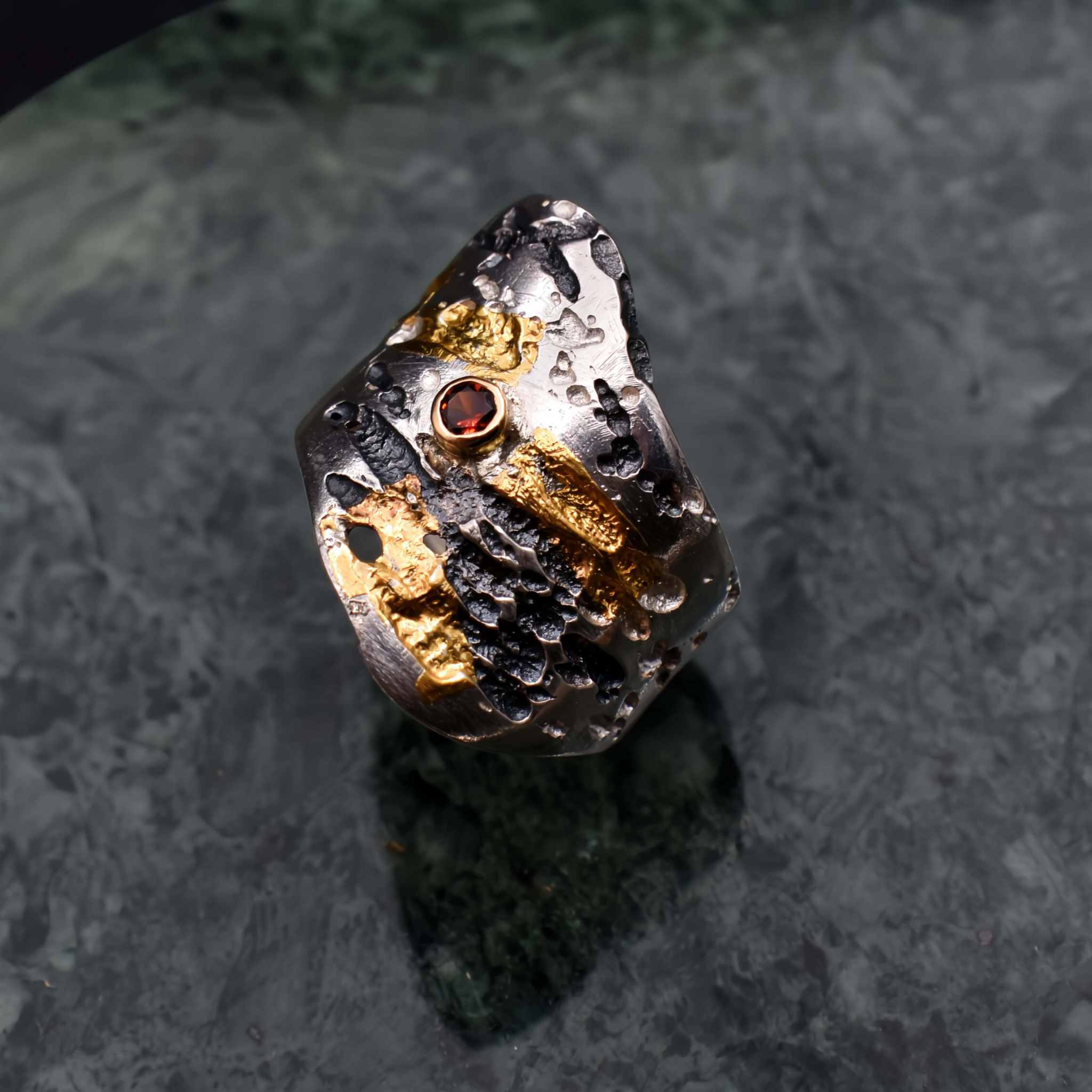 Unearthed Beauty: Sterling Silver Ring with Garnet & 24k Gold