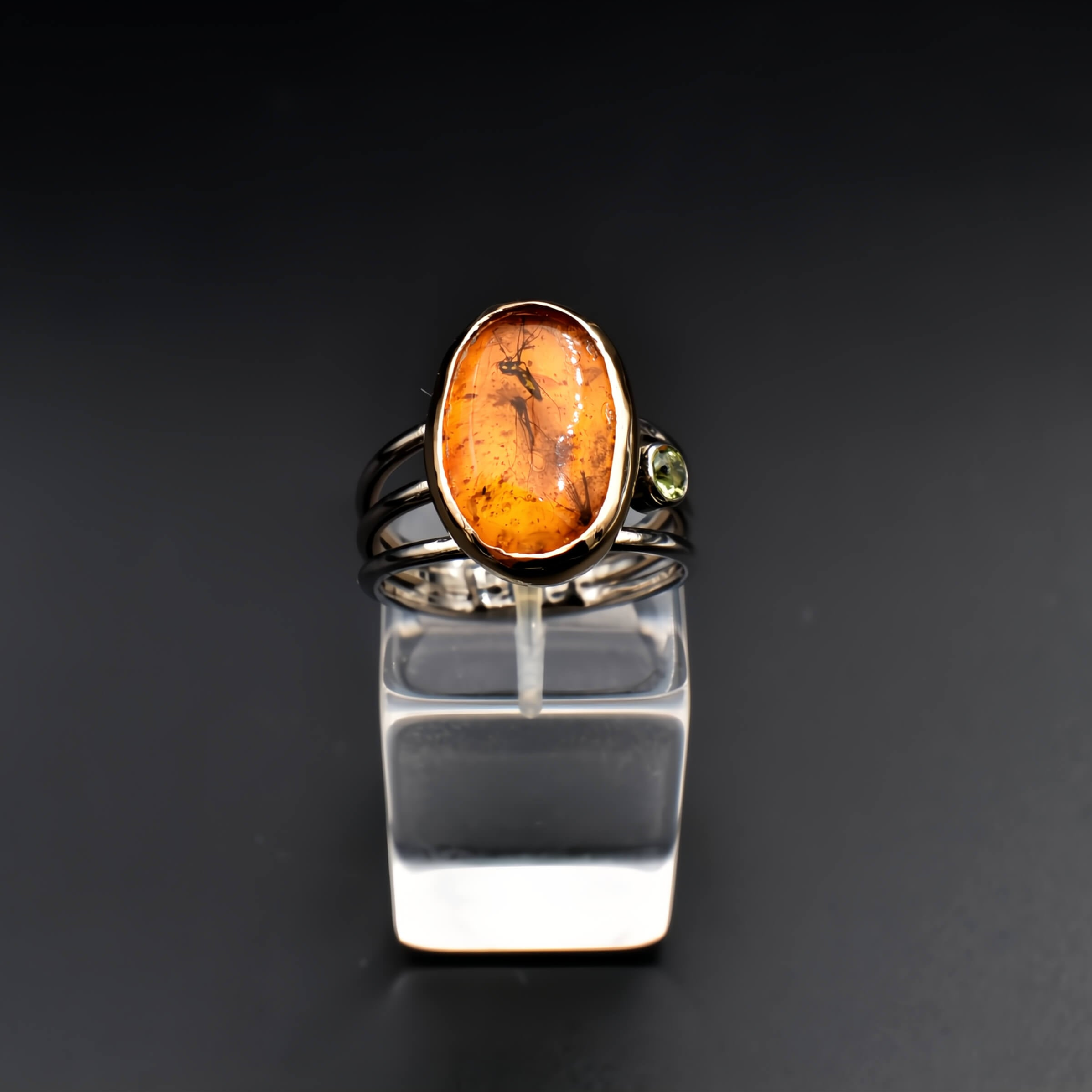 Unique Amber Ring with Trapped Mosquitos - 14k Gold &  Silver Peridot stone