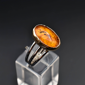 Unique Amber Ring with Trapped Mosquitos - 14k Gold &  Silver Peridot stone