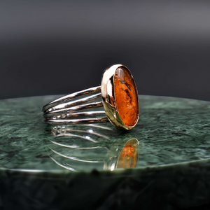 Unique Amber Ring with Trapped Mosquitos - 14k Gold &  Silver Peridot stone