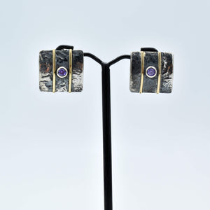 Handmade square curved earrings,silver&gold (14K) with amethyst stone