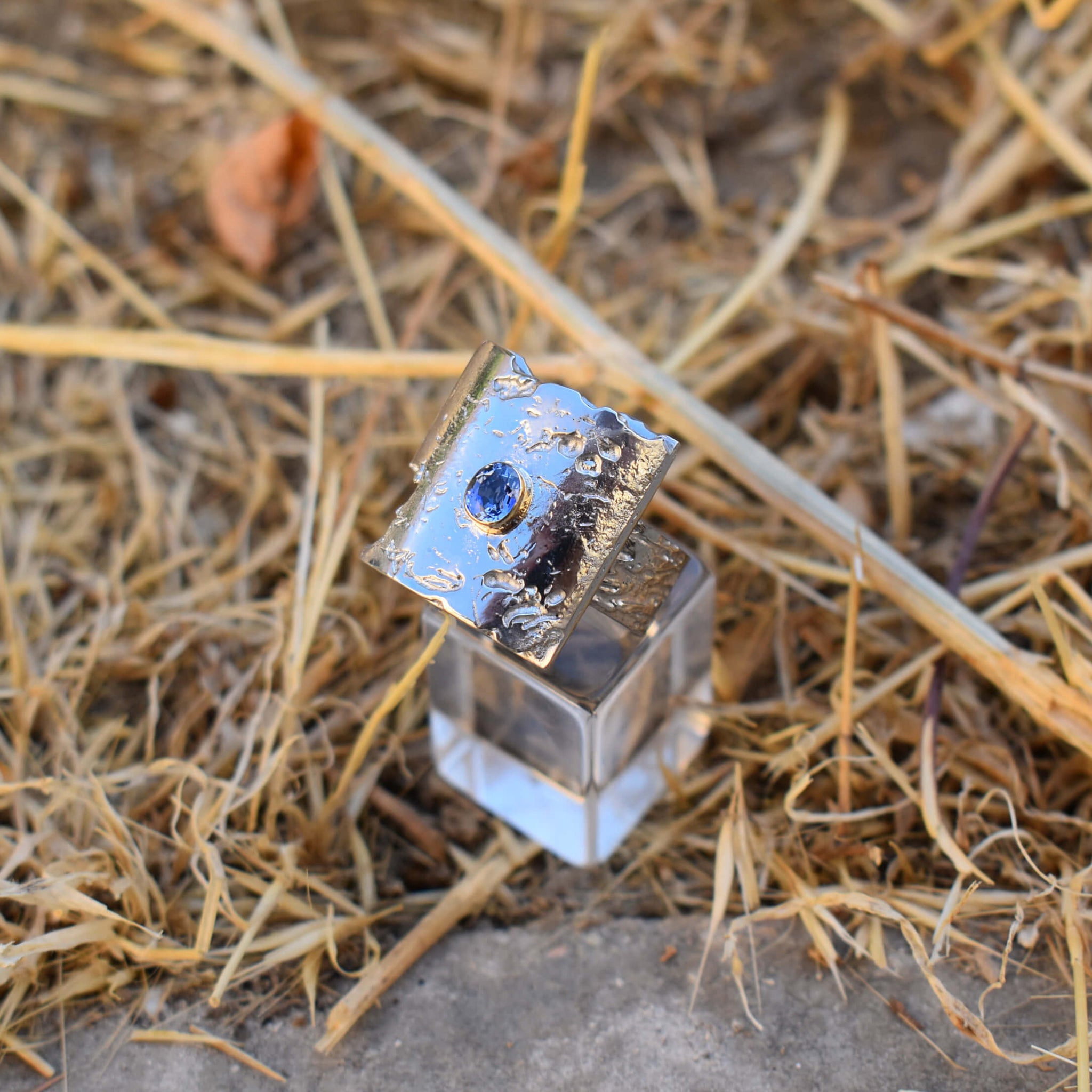 Handcrafted Sapphire Ring - Distinctive Etched Texture.